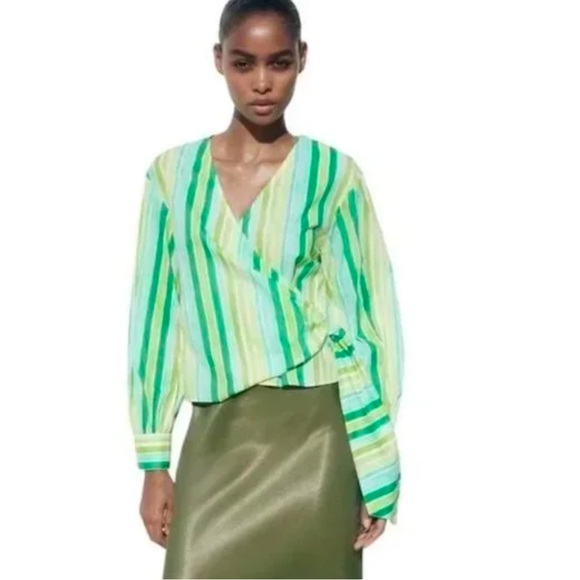 Zara Green striped multicolored wrap top - Picture 8 of 15